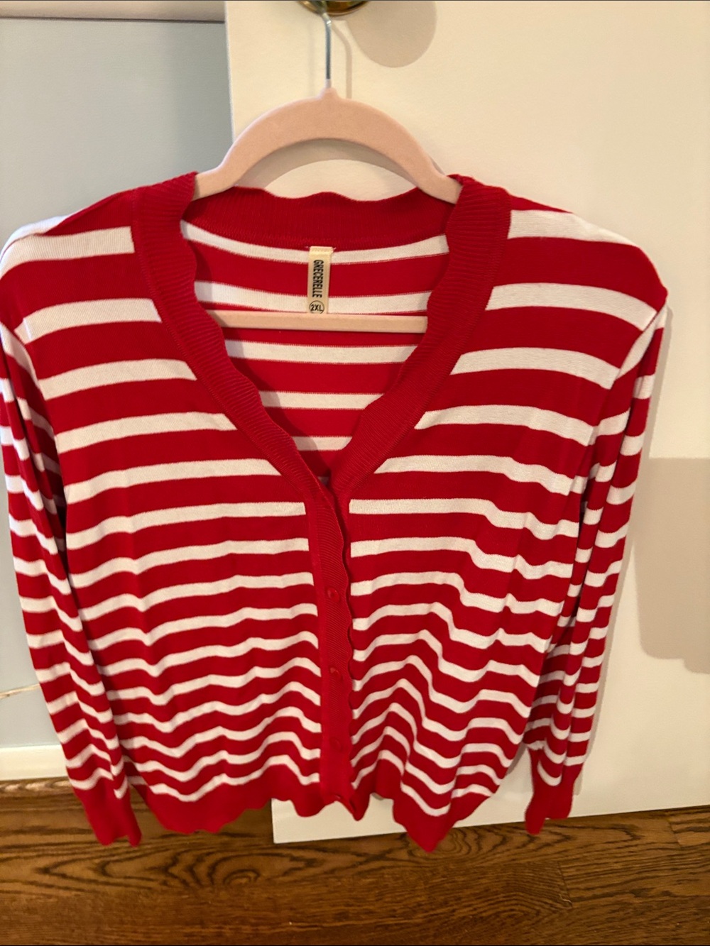 Red and White Striped V-Neck Button Cardigan with scallopped neck